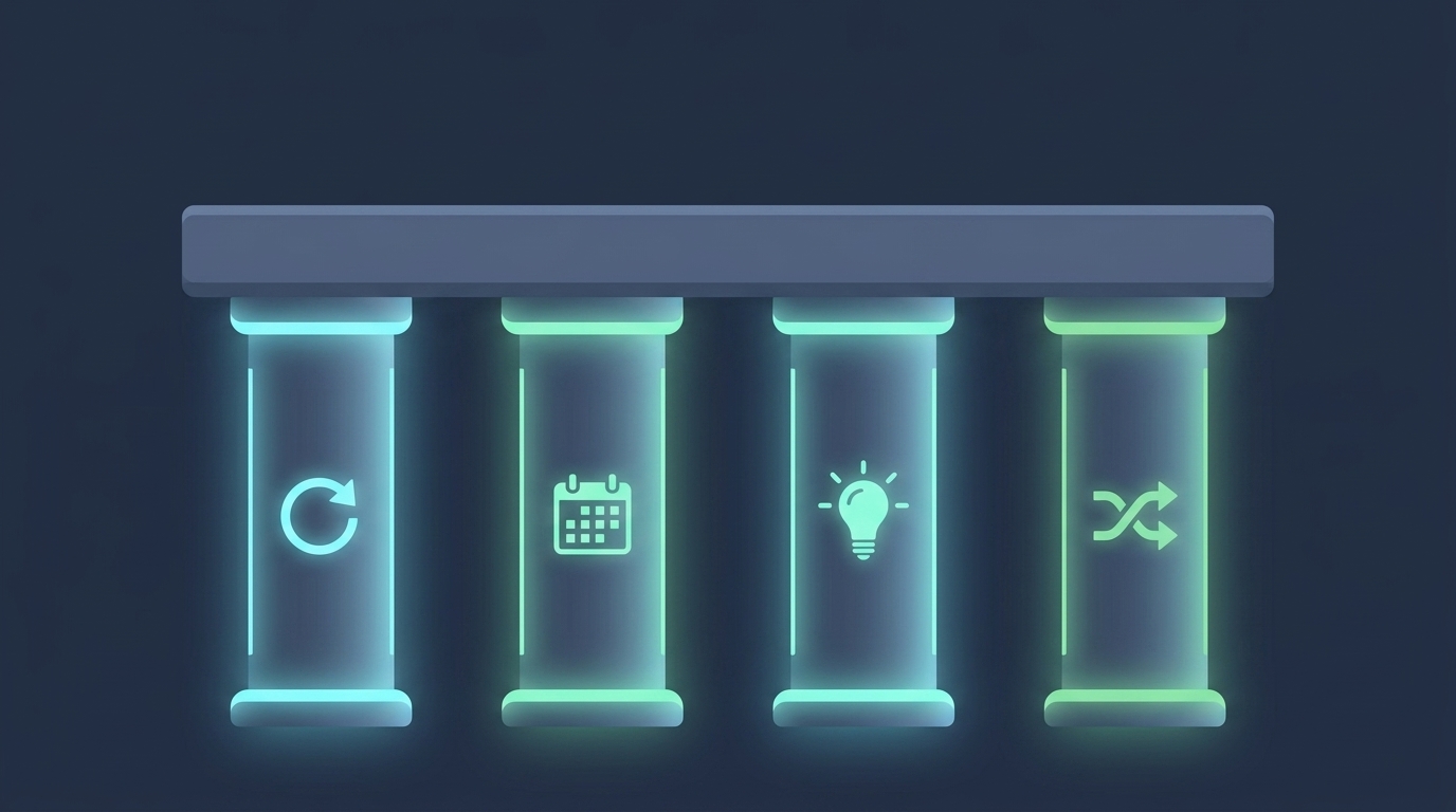 Four glowing pillars supporting a single solid slab, labelled left to right by icon: a circular arrow for active recall, a calendar for spaced repetition, a lightbulb for elaboration, and crossing arrows for interleaving