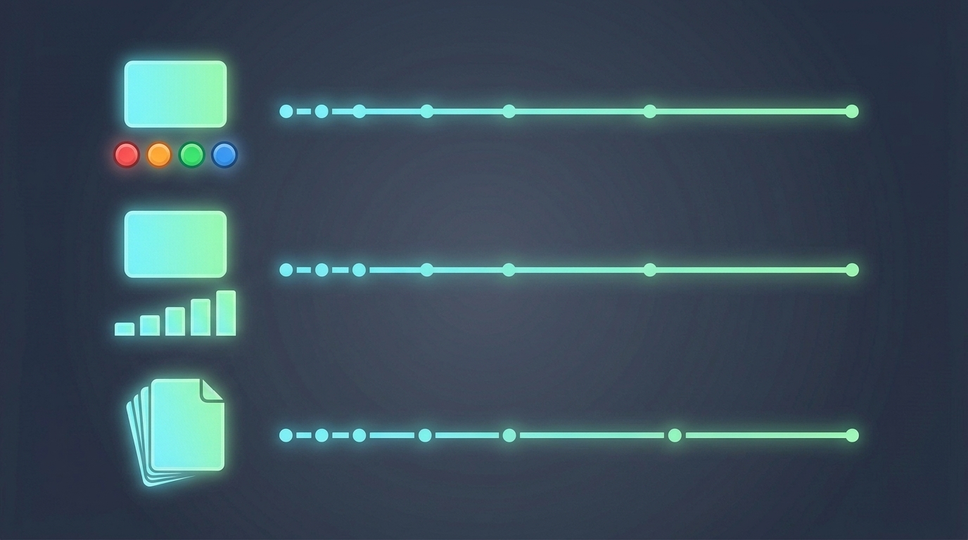Diagram with three rows. Top: a single flashcard graded with four colored buttons, followed by a timeline of reviews spaced further and further apart. Middle: a single flashcard graded on a five-step confidence meter, with the same widening timeline. Bottom: a stack of lesson pages scheduled as one unit on the same kind of widening timeline.