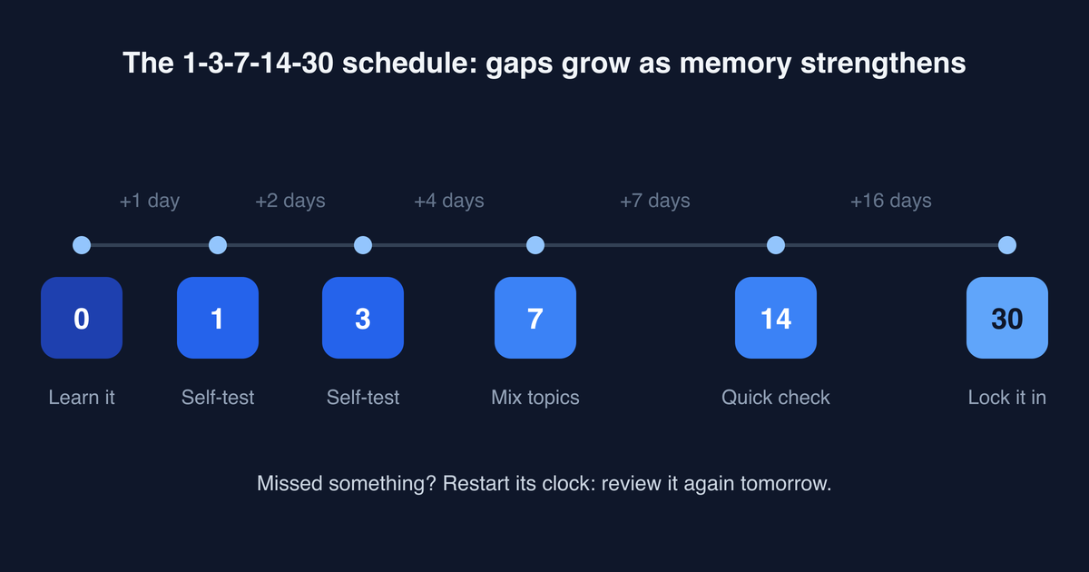 Timeline of the 1-3-7-14-30 spaced repetition schedule showing review gaps growing from 1 day to 16 days as memory strengthens