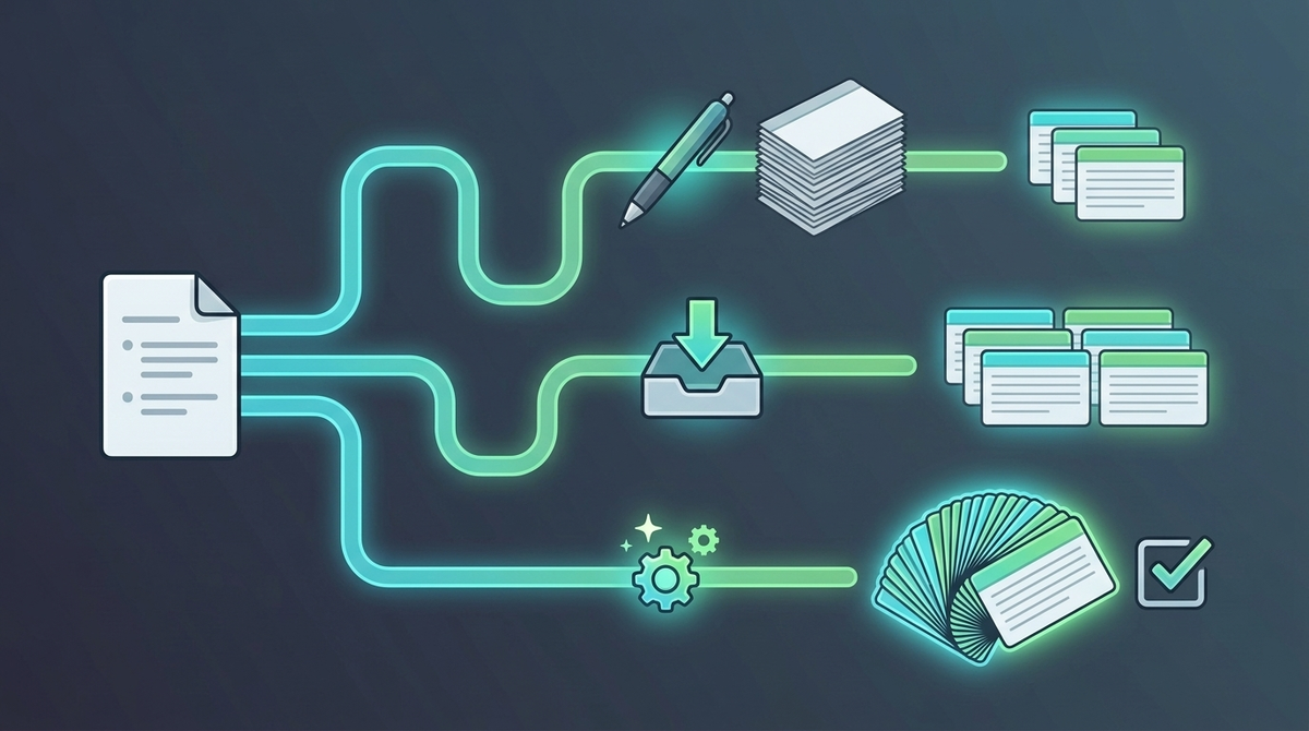Diagram of one document with three paths to finished flashcards: a long winding path through a pen and a tall stack of blank cards, a medium path through an import box, and a short direct path through an AI step ending in a full fan of cards and a quiz checklist