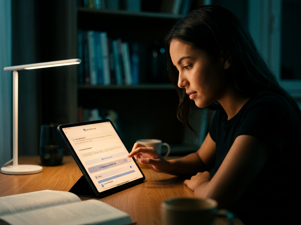 Studying with the Mind Tiles app on a tablet, with an AI-scheduled review built in