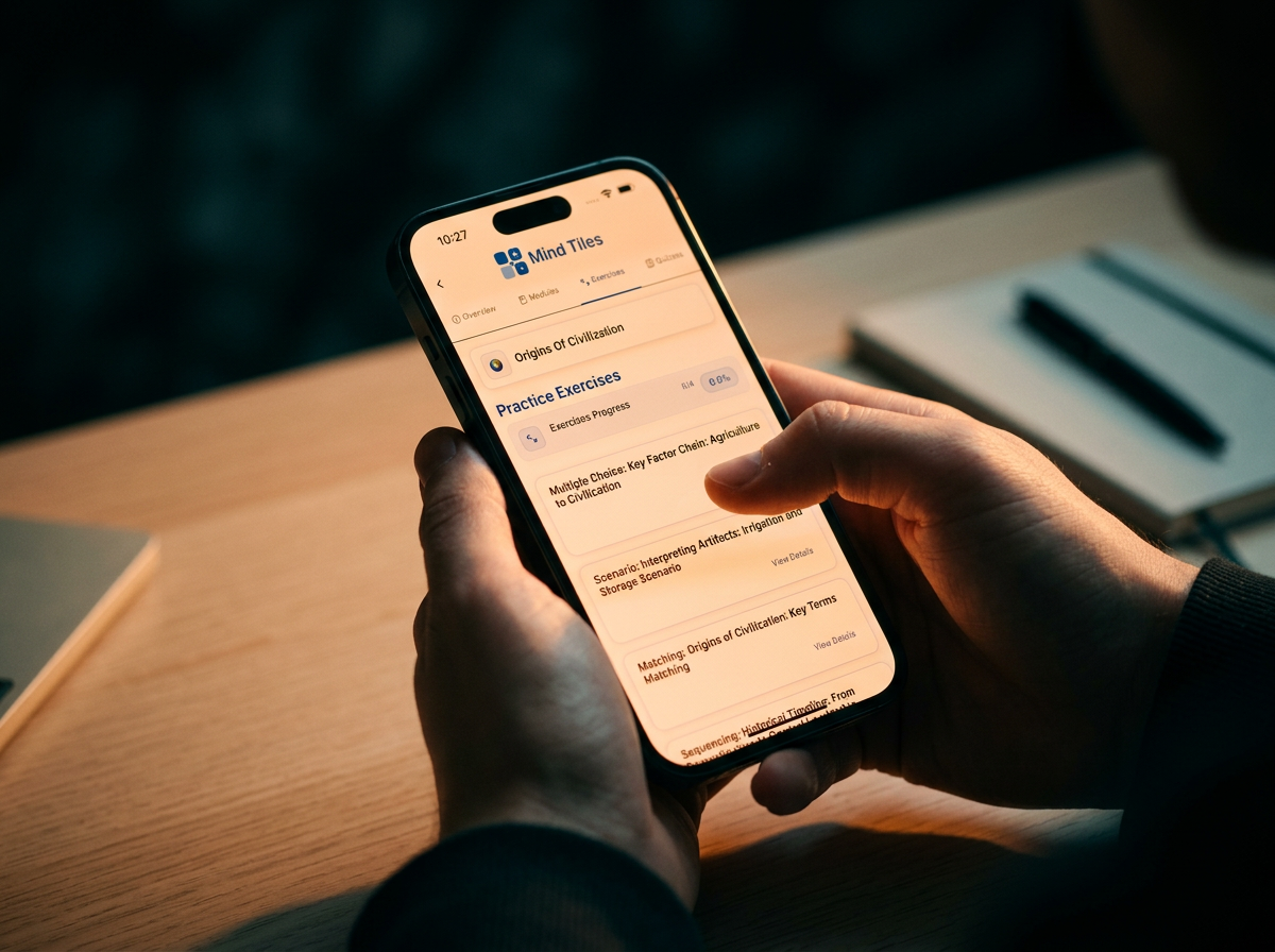 Mind Tiles flashcards and a spaced repetition review schedule on a phone