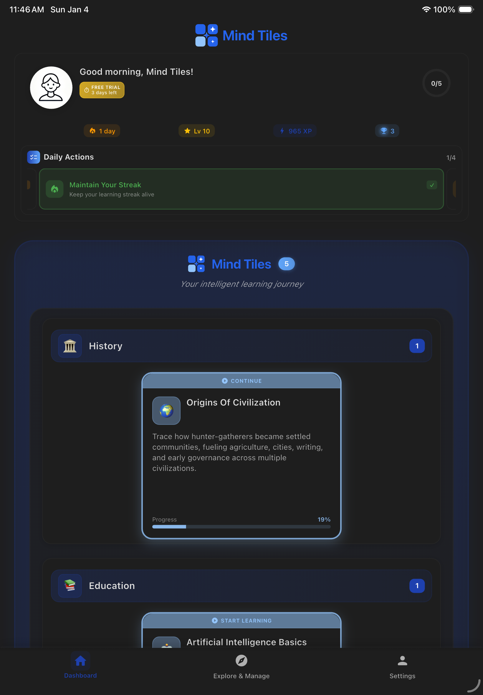 Mind Tiles Dashboard on iPad - Dark Mode