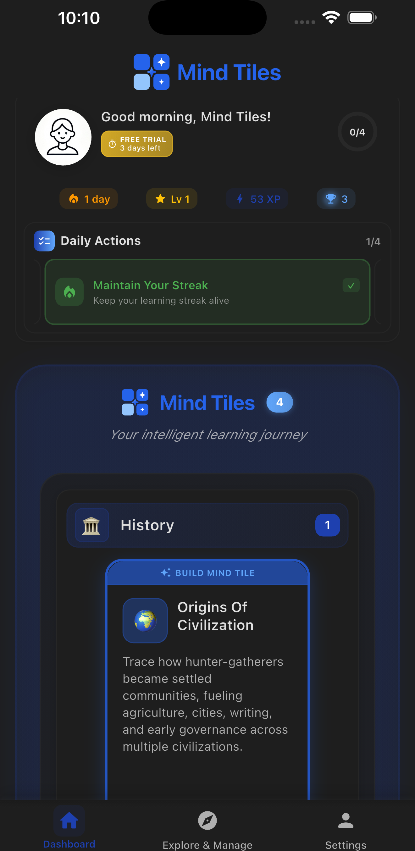 Mind Tiles Dashboard on iPhone - Dark Mode