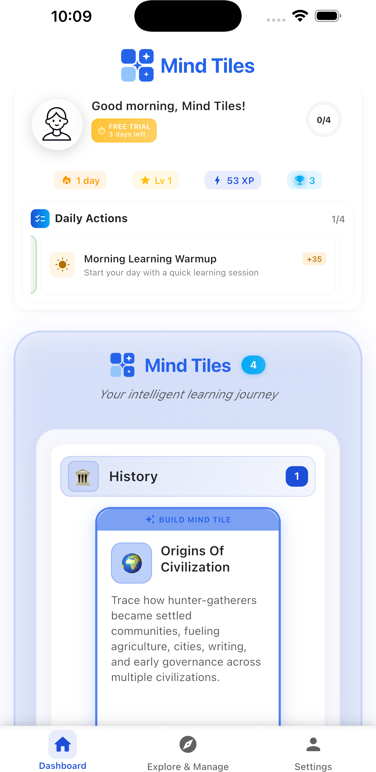Mind Tiles Dashboard on iPhone - Light Mode