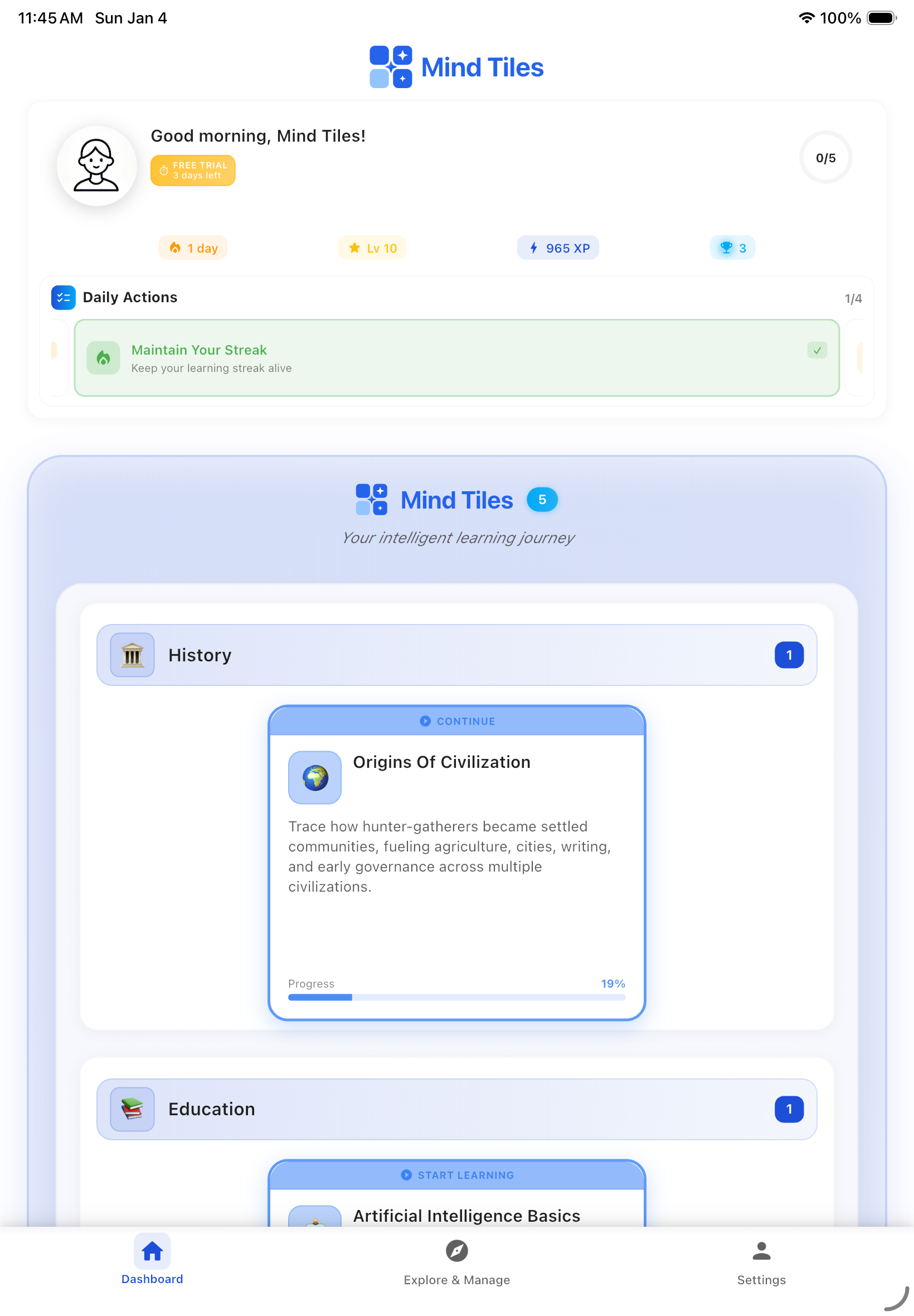 Mind Tiles Dashboard on iPad - Light Mode