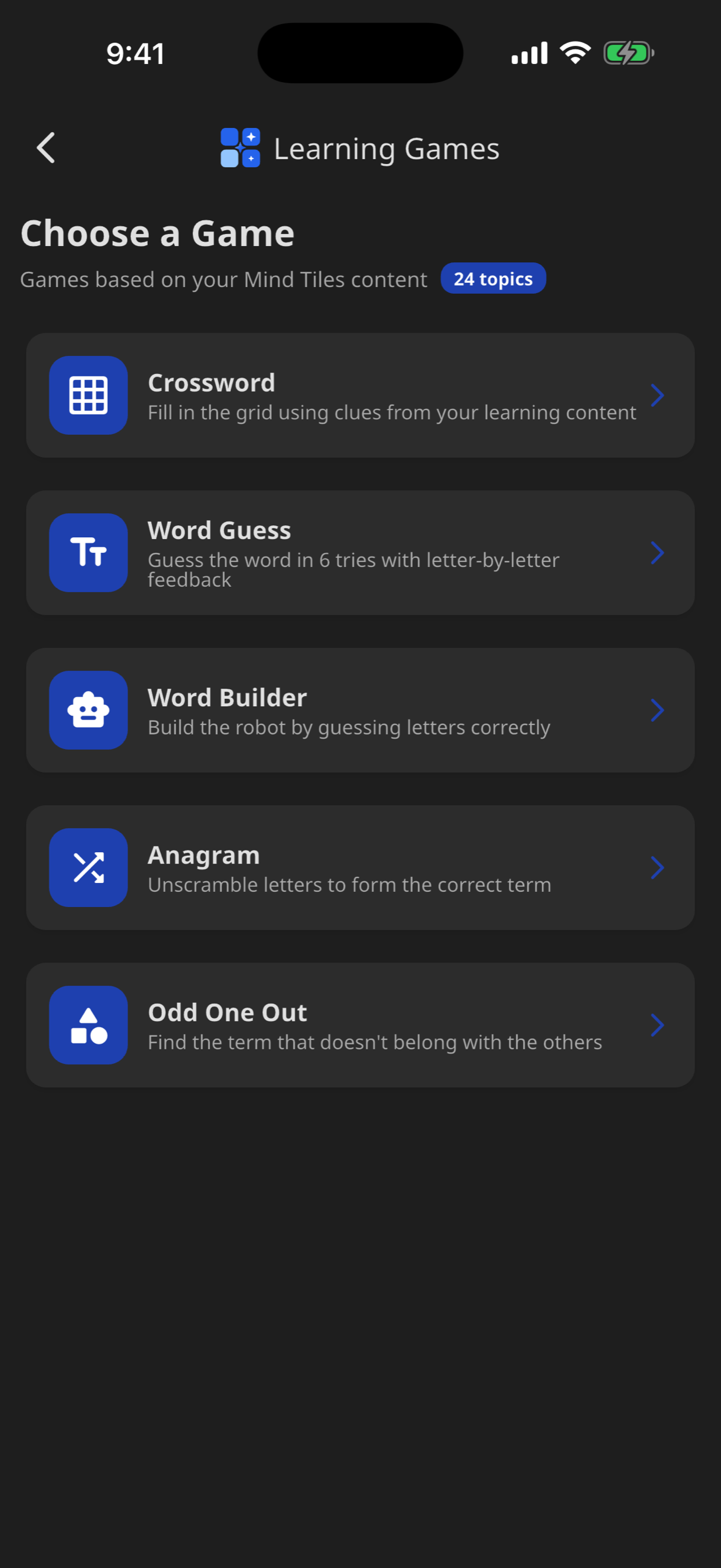 Word Games menu